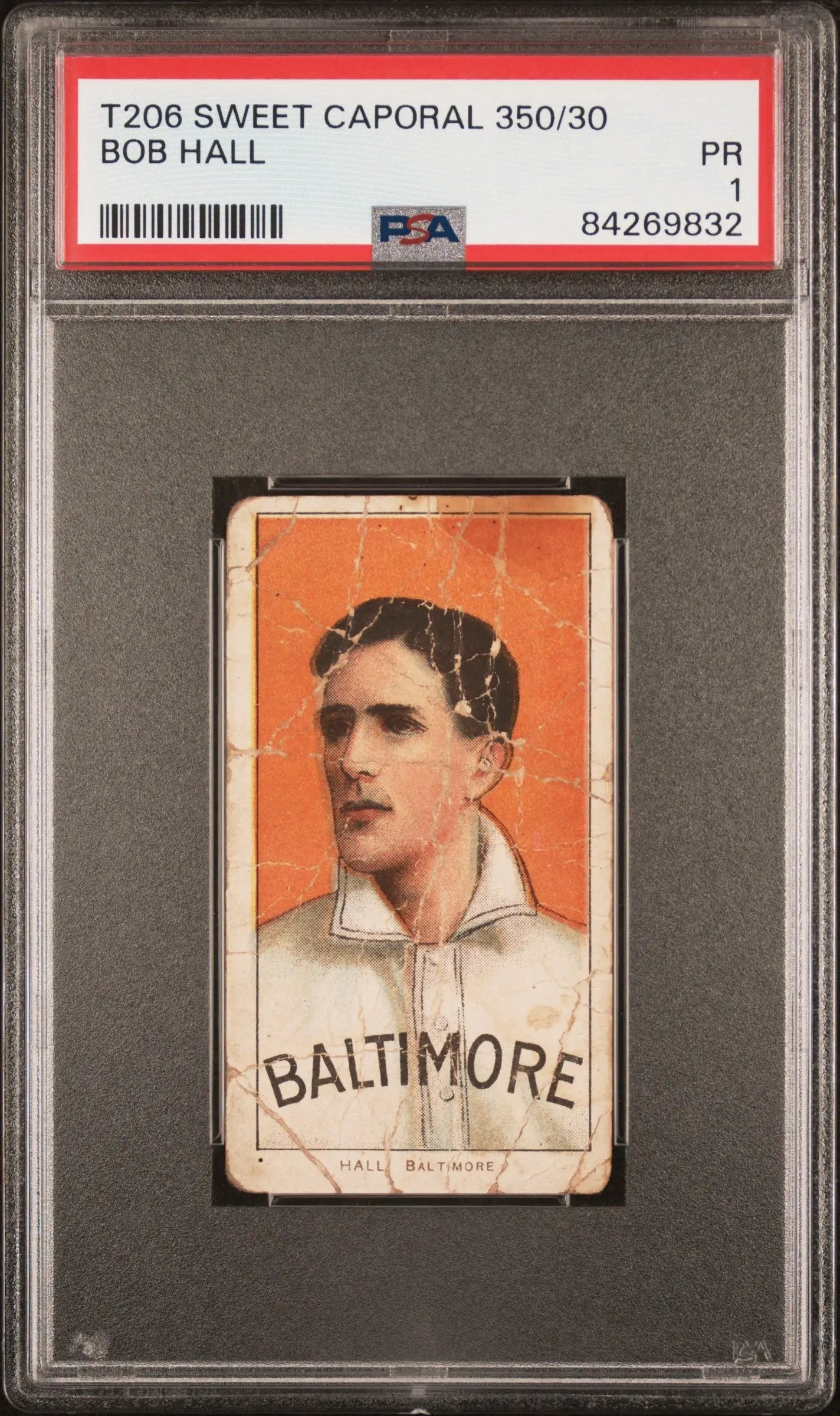 Vintage T206 Sweet Caporal Bob Hall baseball card with orange background in PSA holder