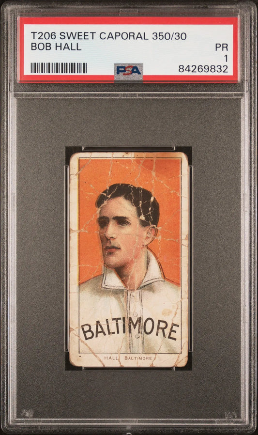 Vintage T206 Sweet Caporal Bob Hall baseball card with orange background in PSA holder