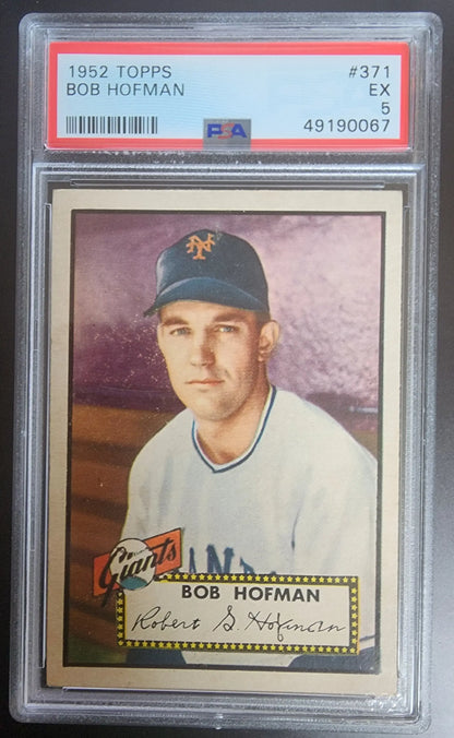 PSA-graded Bob Hofman 1952 Topps #371 baseball card in protective case for collectors
