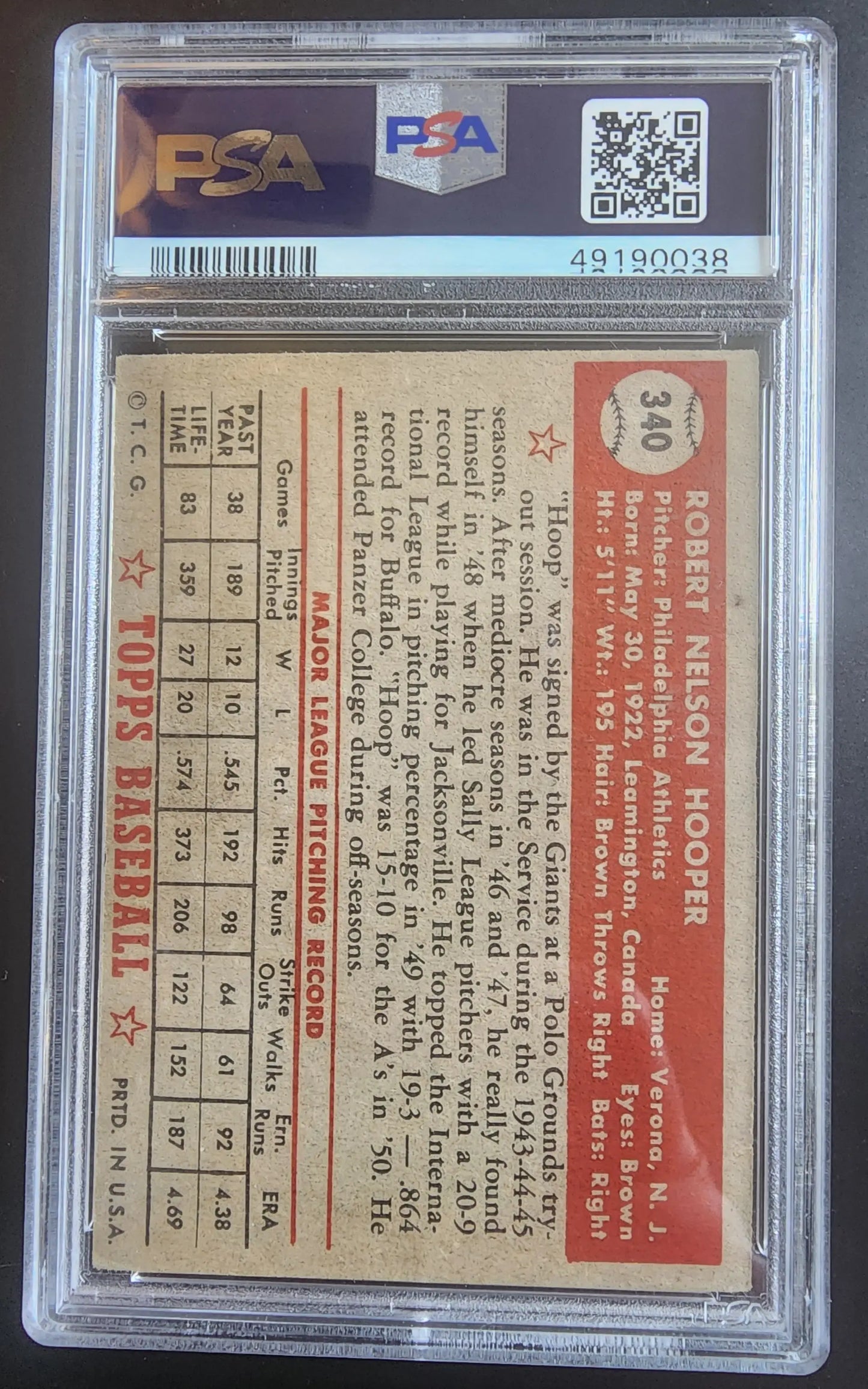 Vintage Bob Hooper 1952 Topps #340 baseball card displayed in PSA holder rear view