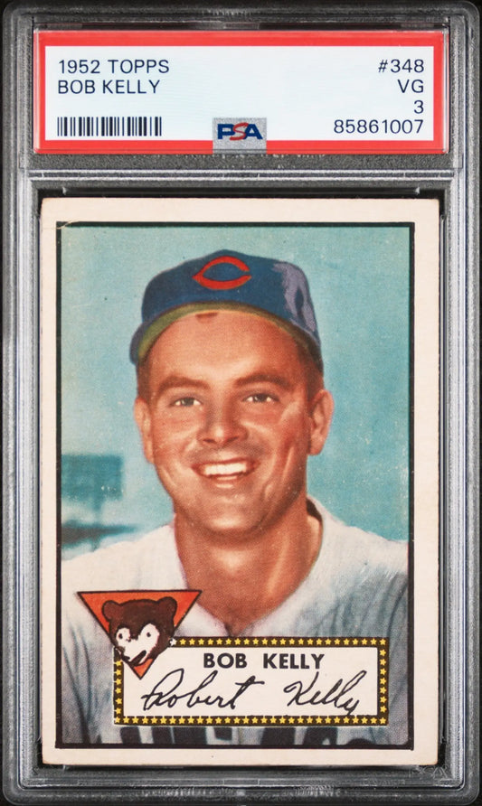 Bob Kelly 1952 Topps #348 baseball card in PSA graded protective case for trading cards