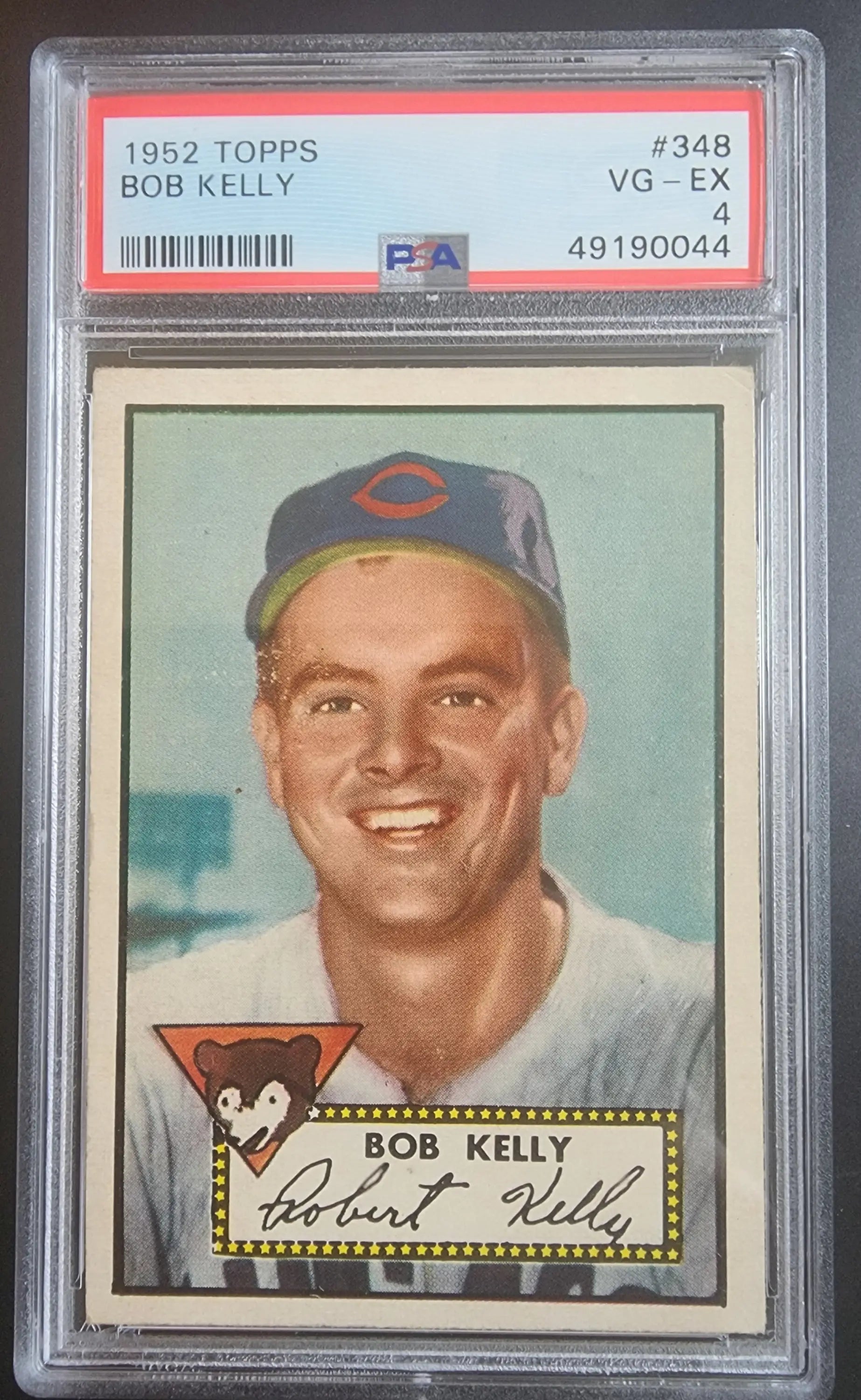 PSA-graded 1952 Topps Baseball Card #348 of Bob Kelly in protective case for trading cards