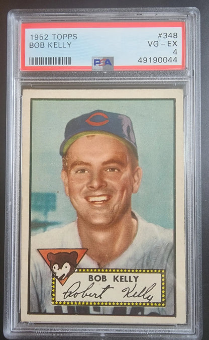 PSA-graded 1952 Topps Baseball Card #348 of Bob Kelly in protective case for trading cards