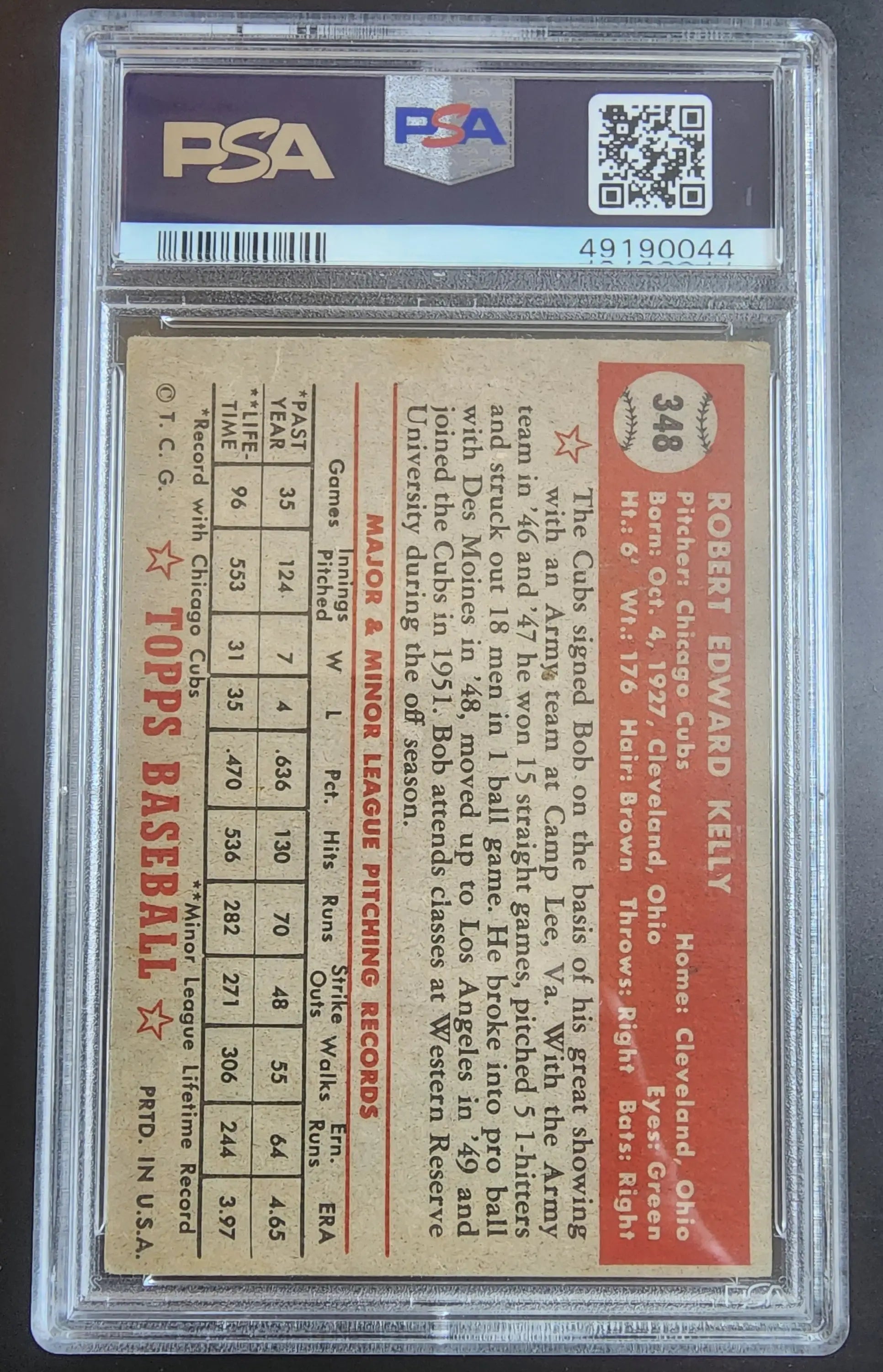 Reverse side of Bob Kelly 1952 Topps #348 PSA 4 trading card with stats and text