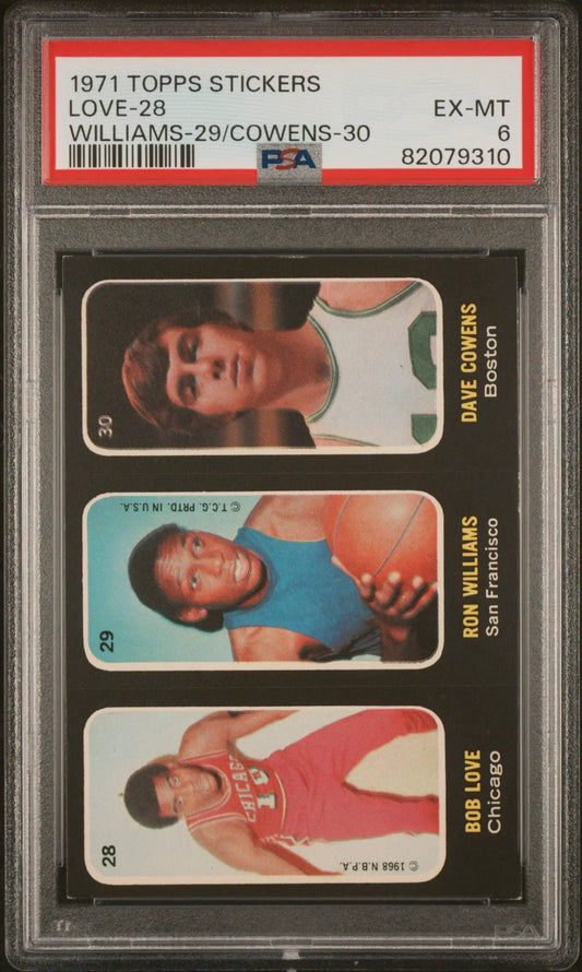 Graded 1971 Topps Stickers basketball card featuring Bob Love and other stars from Columbia Hobby