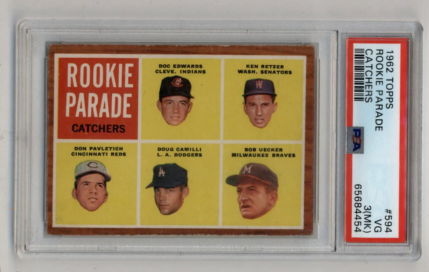 Graded 1962 Topps Rookie Parade Bob Uecker baseball card featuring catchers in Very Good-Excellent condition