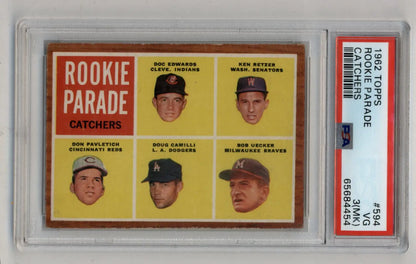 Graded 1962 Topps Rookie Parade Bob Uecker baseball card featuring catchers in Very Good-Excellent condition