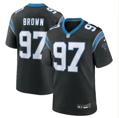Black Carolina Panthers Nike Team Game Jersey with BROWN and number 97 in white
