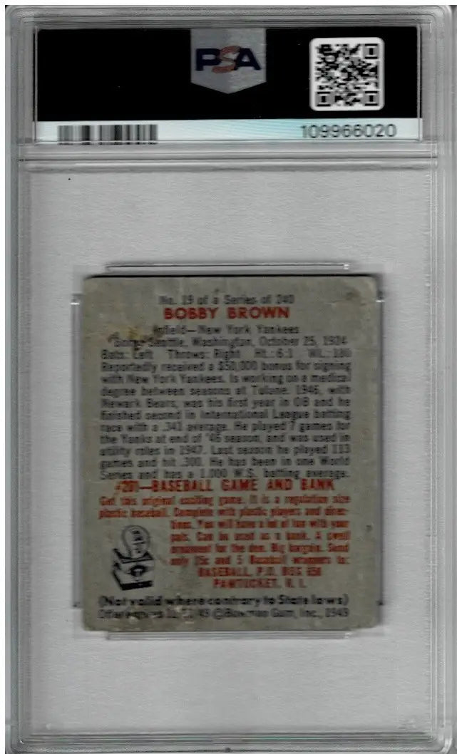 Bobby Brown PSA 2 DNA 9 Signed 1949 Bowman #19 Rookie Autograph Graded RC