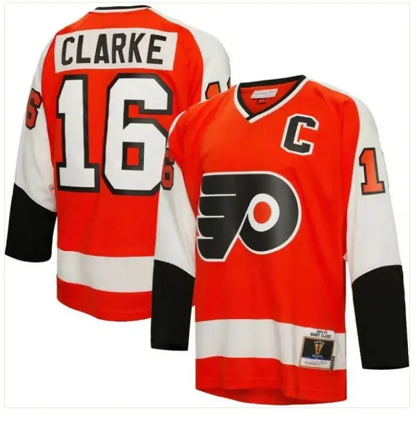 Orange and white Philadelphia Flyers hockey jersey with number 16 and CLARKE on back