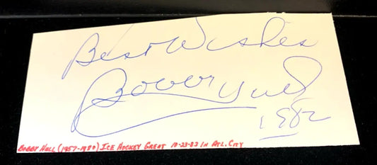 Autographed Bobby Hull hockey index card from 1982 with JSA COA display
