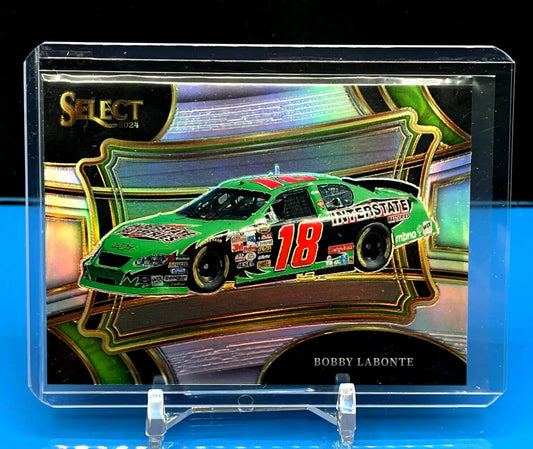 NASCAR trading card of Bobby Labonte’s green #18 Interstate Batteries in Select Silver Prizm