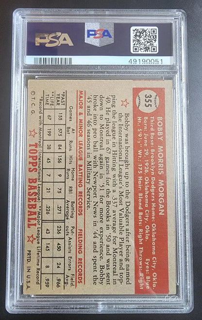 Bobby Morgan 1952 Topps #355 PSA 3 back view of trading card statistics and text