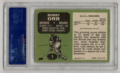 Vintage Bobby Orr trading card in protective case, 1970-71 Topps #3 PSA 6 Excellent-Mint
