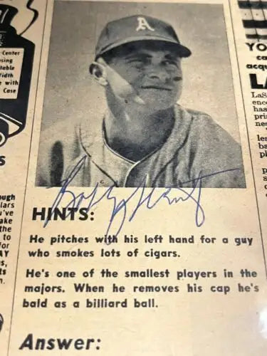 Newspaper clipping of Bobby Shantz in a signed vintage photo from 1951 Athletics