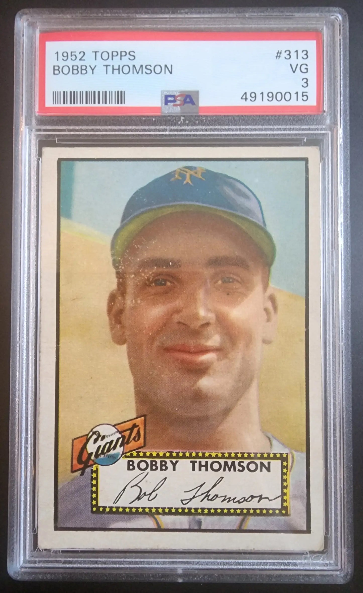 Bobby Thomson 1952 Topps #313 baseball card in protective PSA grading case for trading cards