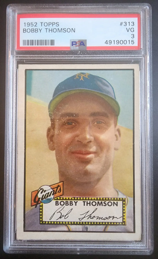 Bobby Thomson 1952 Topps #313 baseball card in protective PSA grading case for trading cards