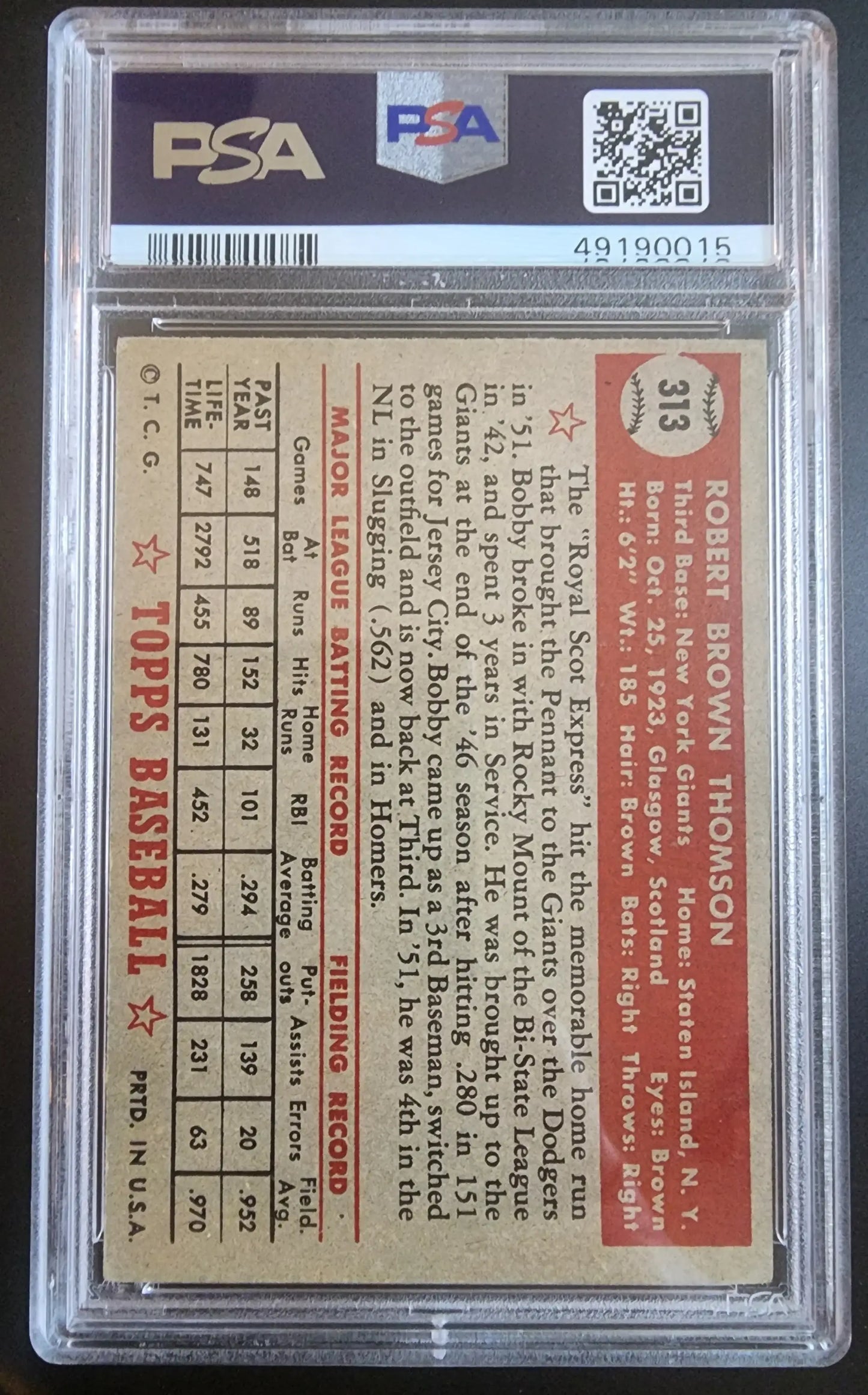 PSA-graded Bobby Thomson 1952 Topps #313 vintage baseball card reverse side details