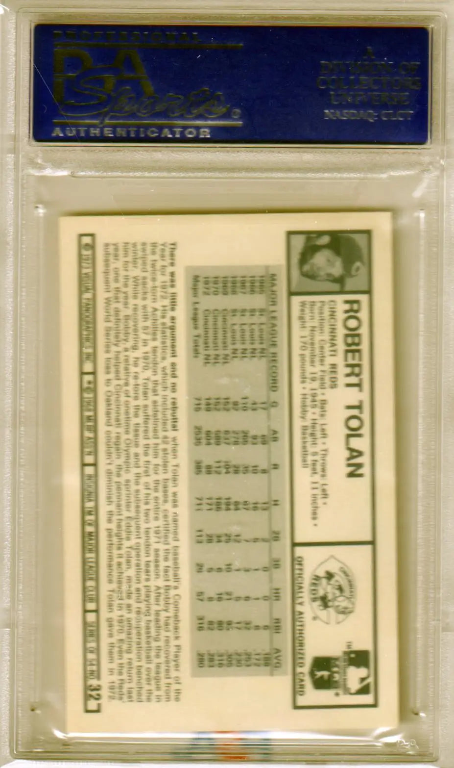 Graded Bobby Tolan 1973 Kellogg’s Pro Superstars baseball card from Columbia Hobby