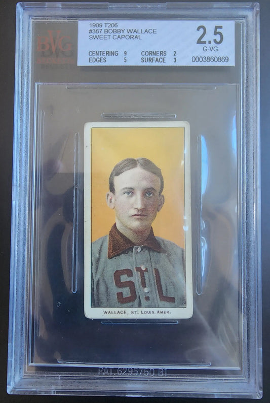 Bobby Wallace 1909-11 T206 Sweet Caporal card in graded case on yellow background