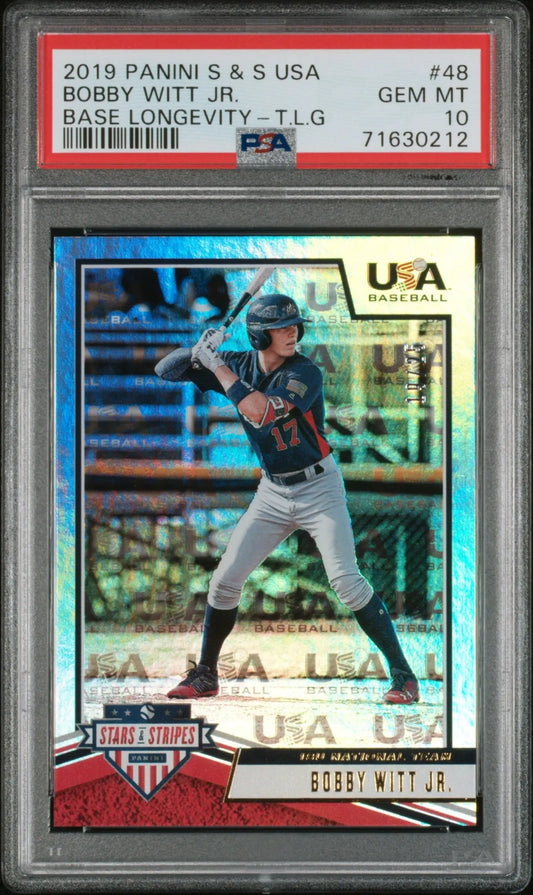 Graded Bobby Witt Jr. baseball card from Panini Stars Stripes #19/25 PSA 10 Gem Mint