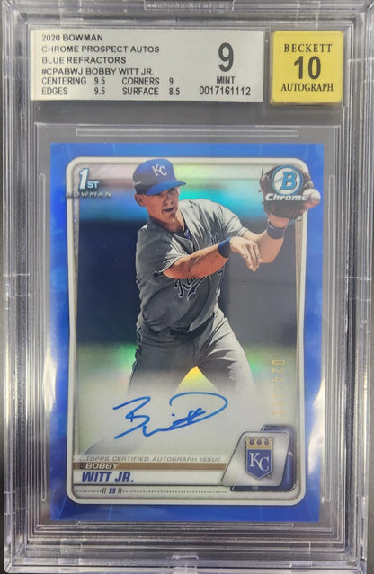 Graded BGS 9 Bobby Witt Jr. 2020 Bowman Chrome Blue Refractor Auto baseball card