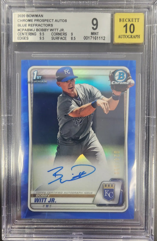 Graded BGS 9 Bobby Witt Jr. 2020 Bowman Chrome Blue Refractor Auto baseball card
