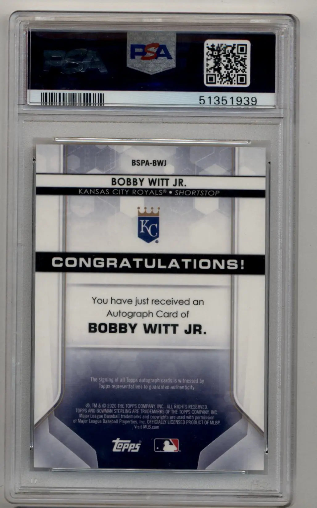 PSA-graded Bobby Witt Jr Bowman Sterling Gold Refractor Auto 42/50 with autograph certification