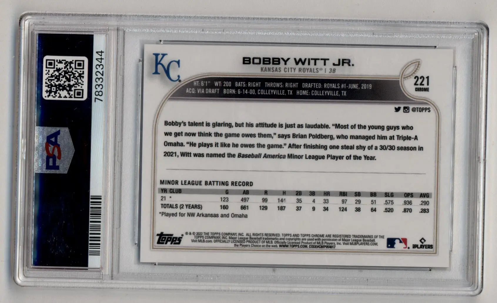 Bobby Witt Jr 2022 Topps Chrome Sp PSA 10 Gem Mint 2344 - Singles