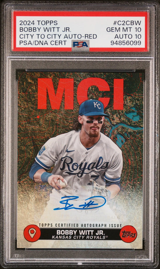 PSA-graded Bobby Witt Jr. 2024 Topps City to City Red Auto card with autograph and MCI overlay