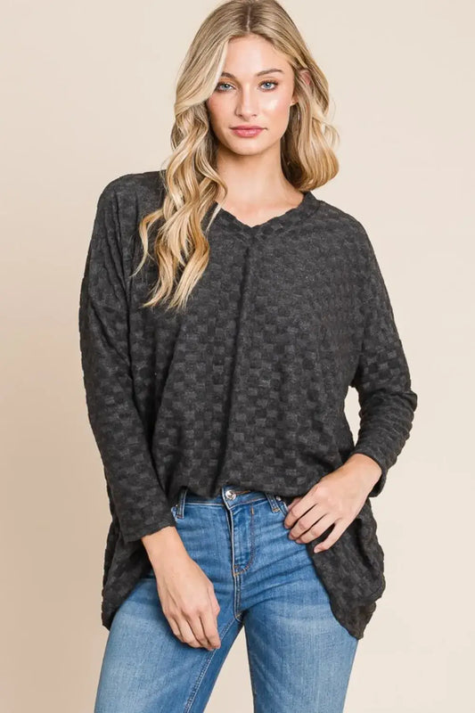 BOMBOM Checkered Long Sleeve V-Neck T-Shirt - Charcoal / S