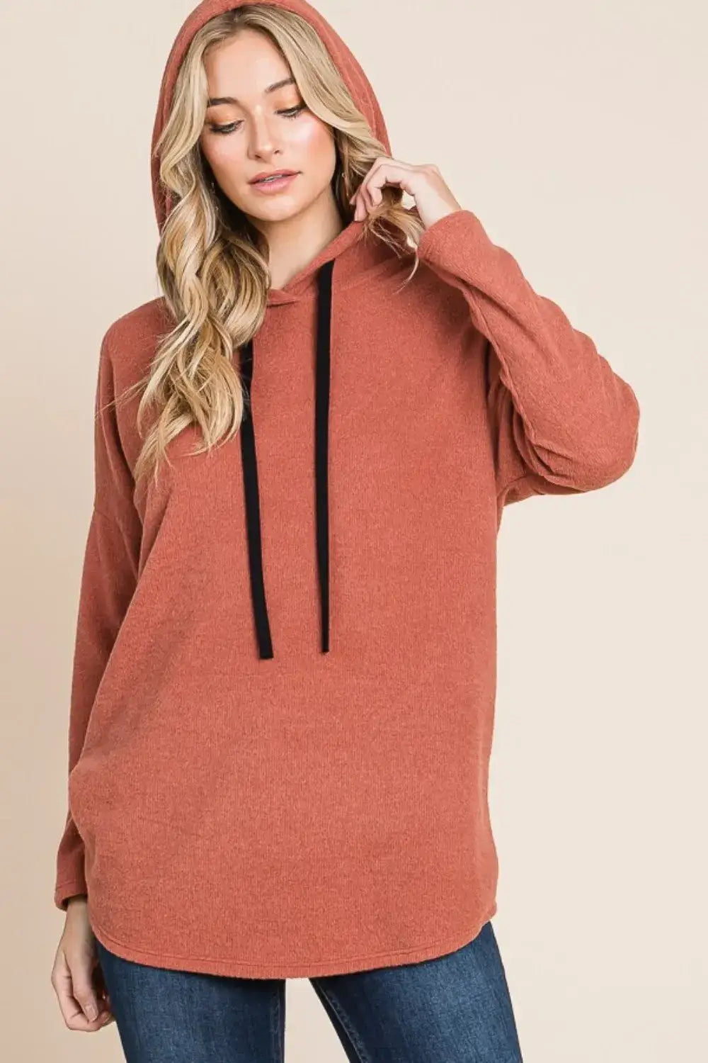 Terracotta relaxed-fit knit hoodie with drawstring hood and ribbed cuffs by BOMBOM
