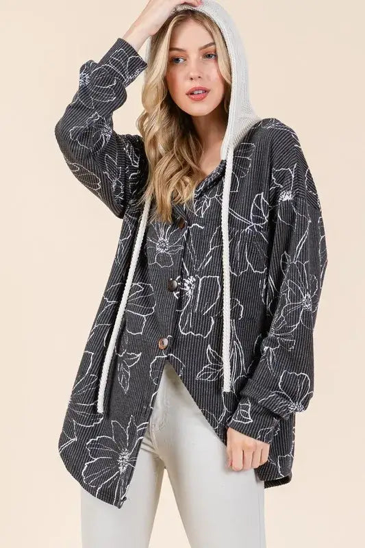 BOMBOM Drawstring Flower Print Button Up Shacket - Black / S