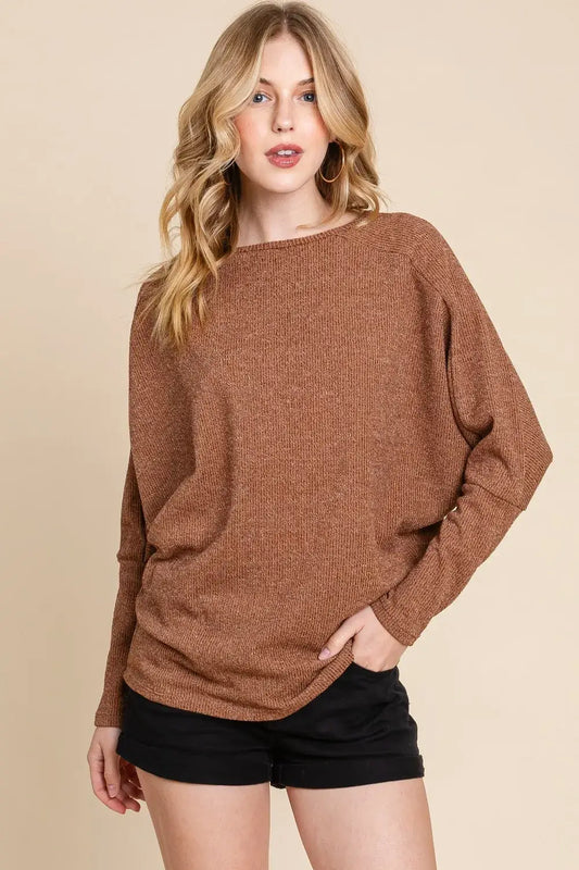 BOMBOM Drop Shoulder Long Sleeve Knit Top - Camel / S
