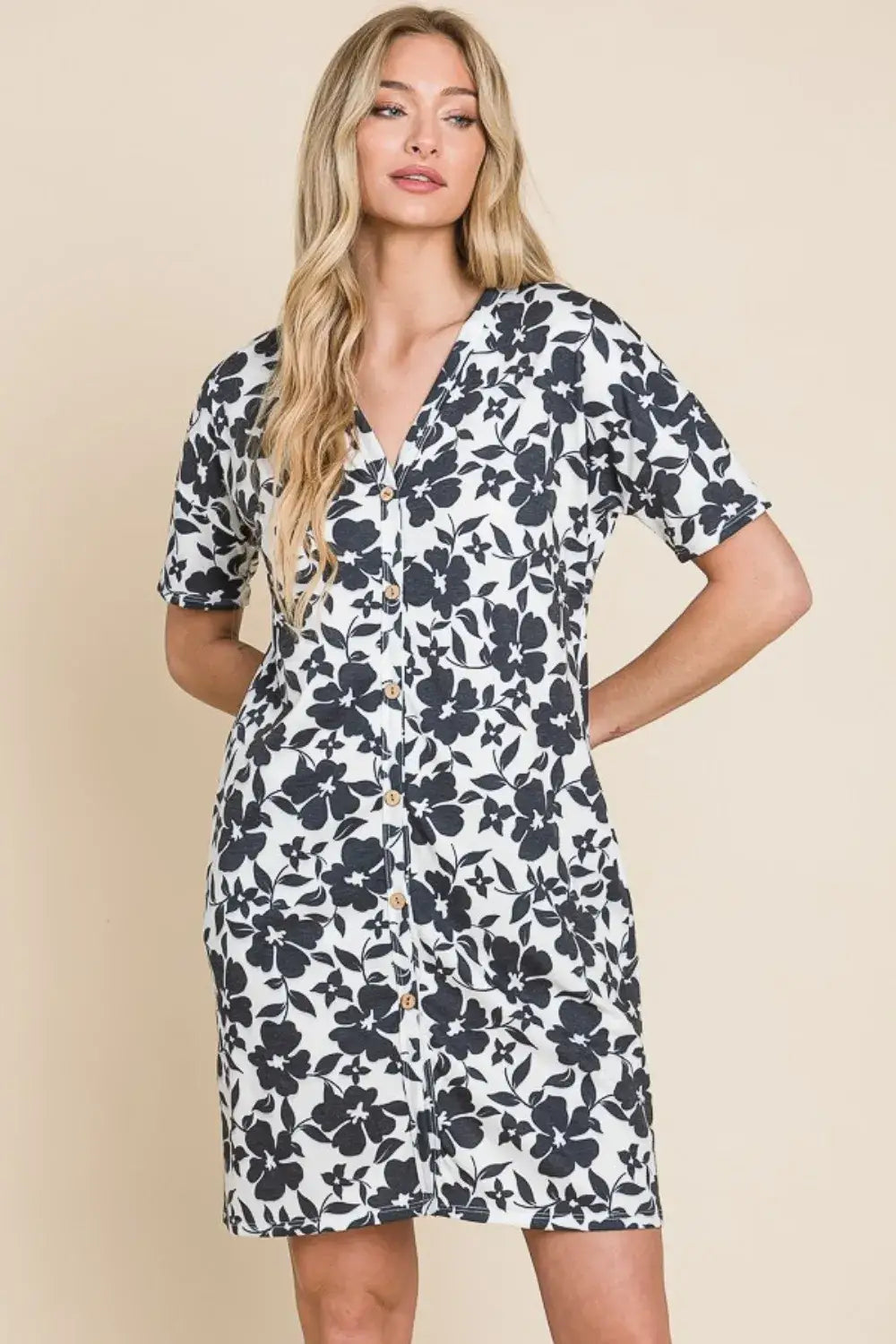 Black and white floral print mini dress with short sleeves from BOMBOM Floral Button collection