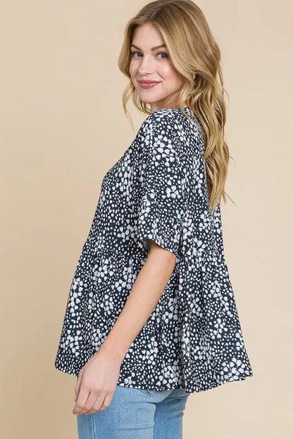 BOMBOM Floral Round Neck Peplum Blouse