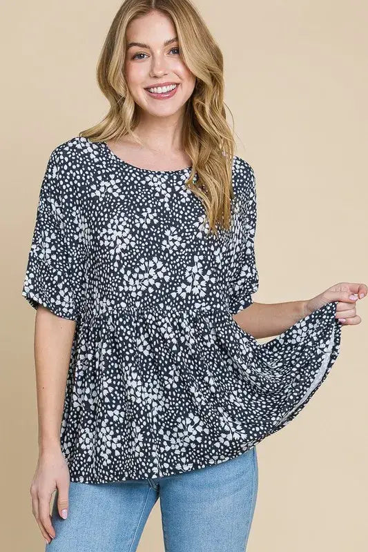 BOMBOM Floral Round Neck Peplum Blouse - Black / S