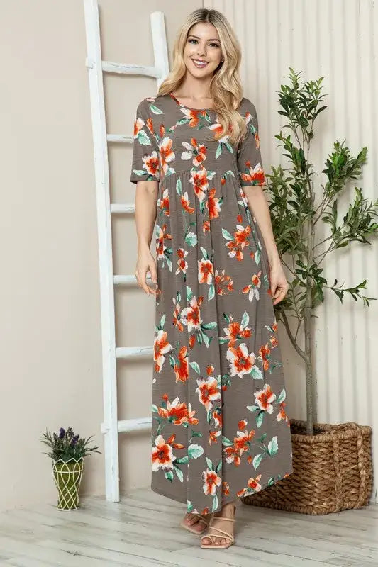 BOMBOM Floral Round Neck Short Sleeve Maxi Tee Dress - dress