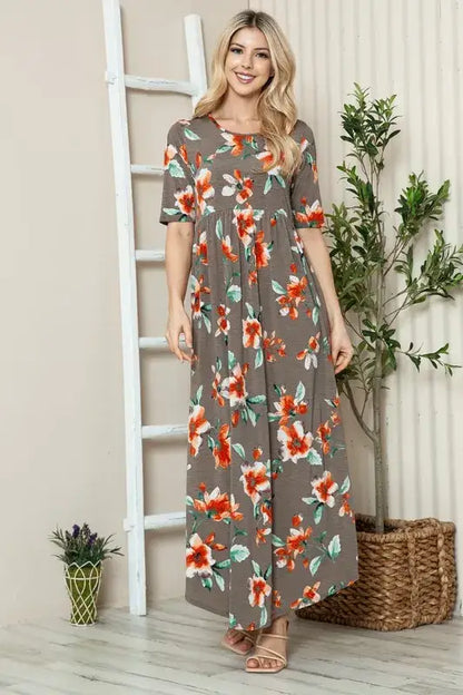 BOMBOM Floral Round Neck Short Sleeve Maxi Tee Dress - dress