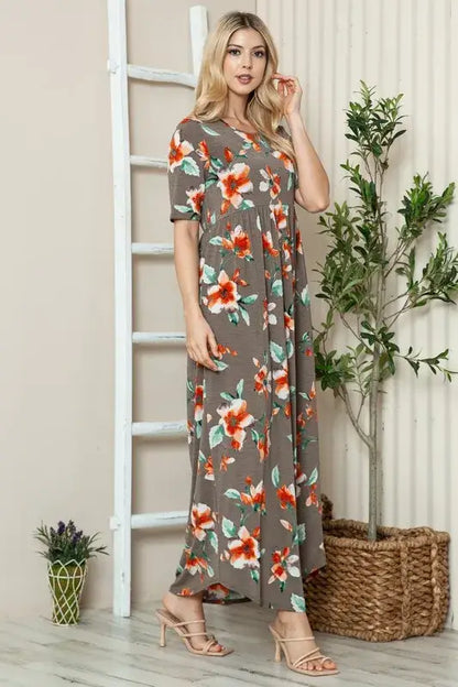 BOMBOM Floral Round Neck Short Sleeve Maxi Tee Dress - dress