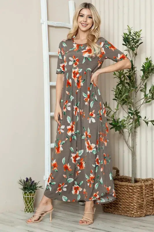 BOMBOM Floral Round Neck Short Sleeve Maxi Tee Dress - Coffee Brown / S - dress
