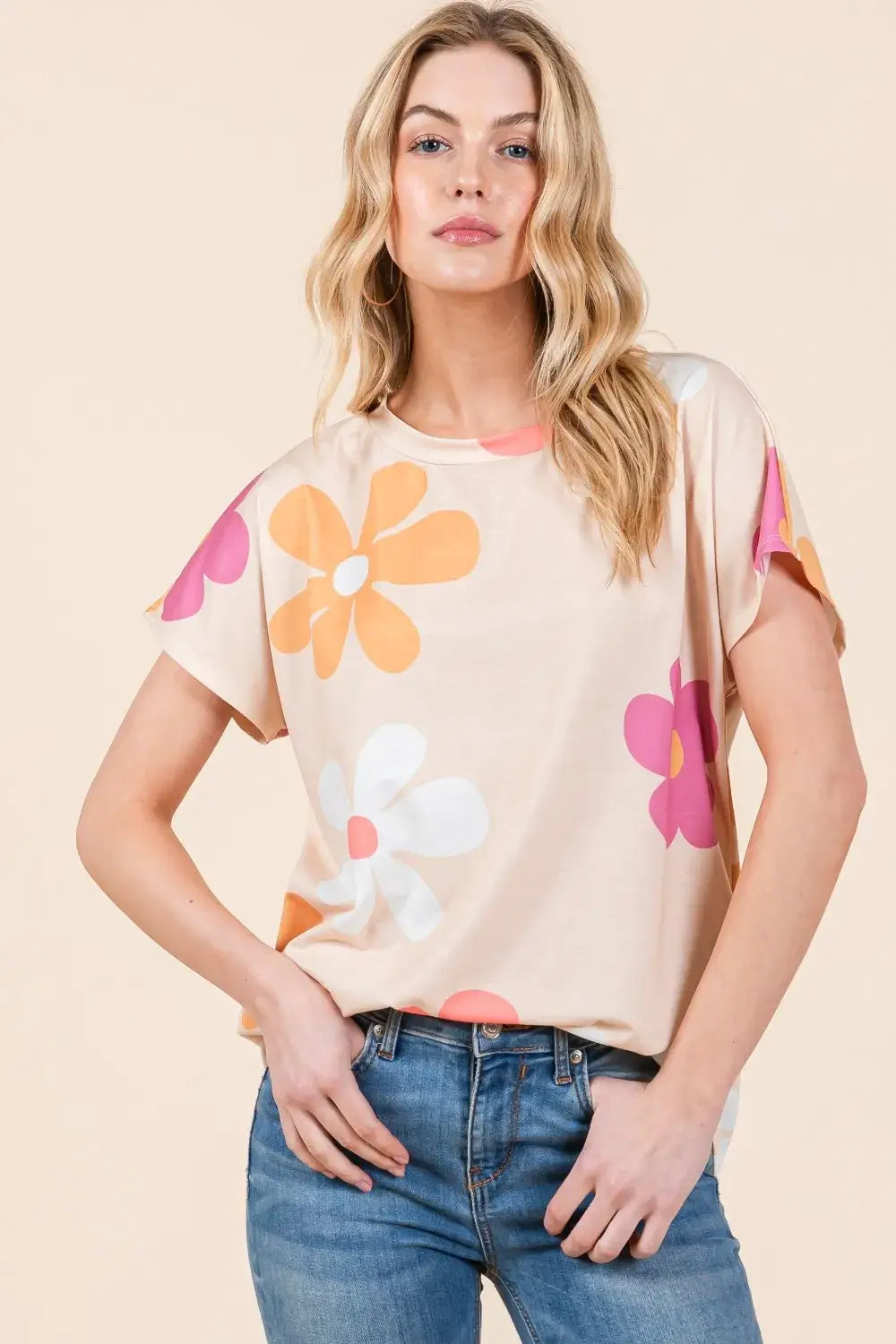 BOMBOM Floral Short Sleeve T-Shirt - Beige / S