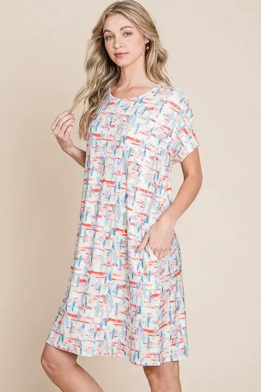 BOMBOM Printed Round Neck Short Sleeve Tee Dress - dress