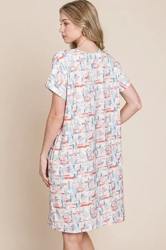 BOMBOM Printed Round Neck Short Sleeve Tee Dress - dress