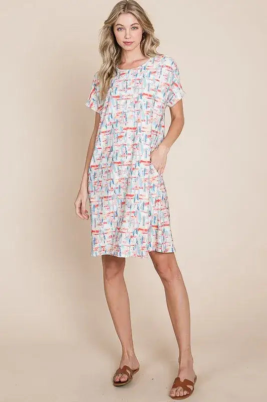 BOMBOM Printed Round Neck Short Sleeve Tee Dress - dress
