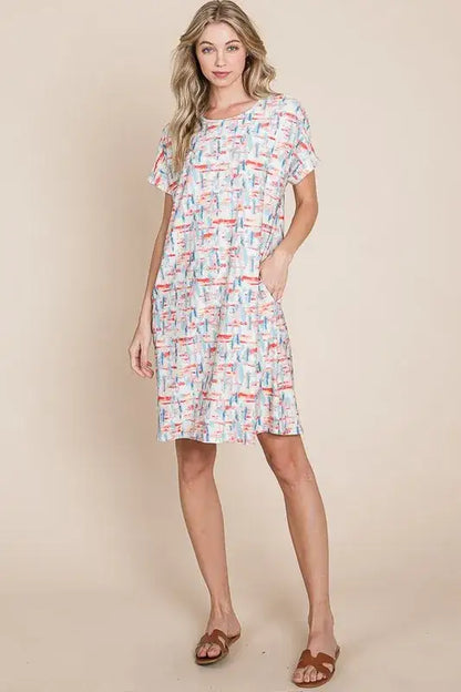 BOMBOM Printed Round Neck Short Sleeve Tee Dress - dress