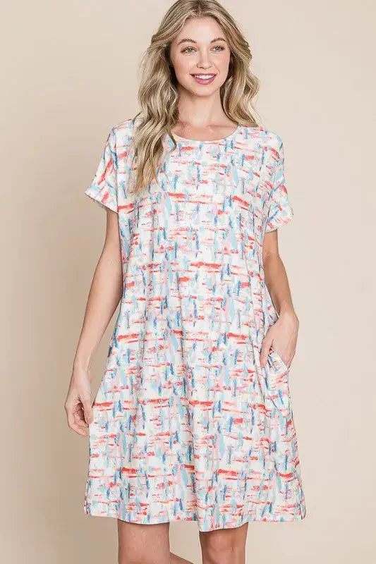 BOMBOM Printed Round Neck Short Sleeve Tee Dress - dress