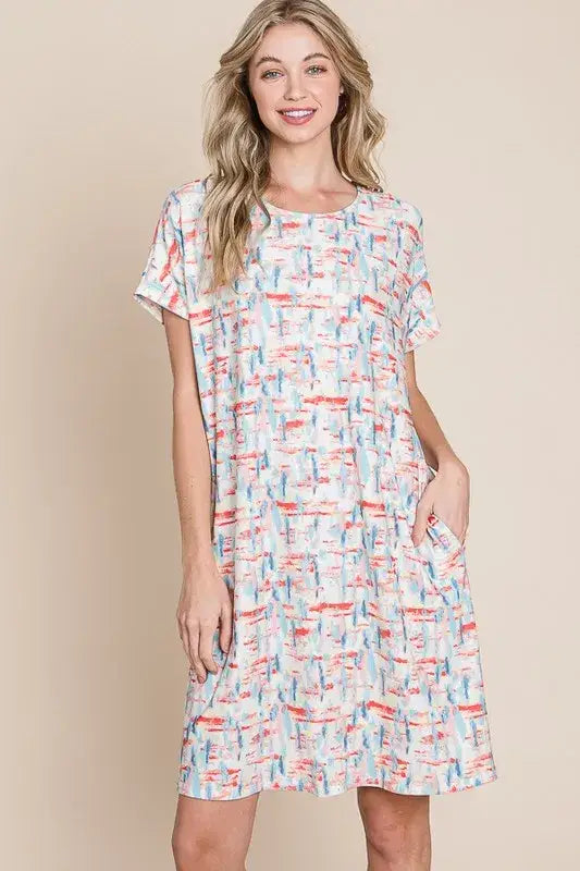 BOMBOM Printed Round Neck Short Sleeve Tee Dress - Red / S - dress