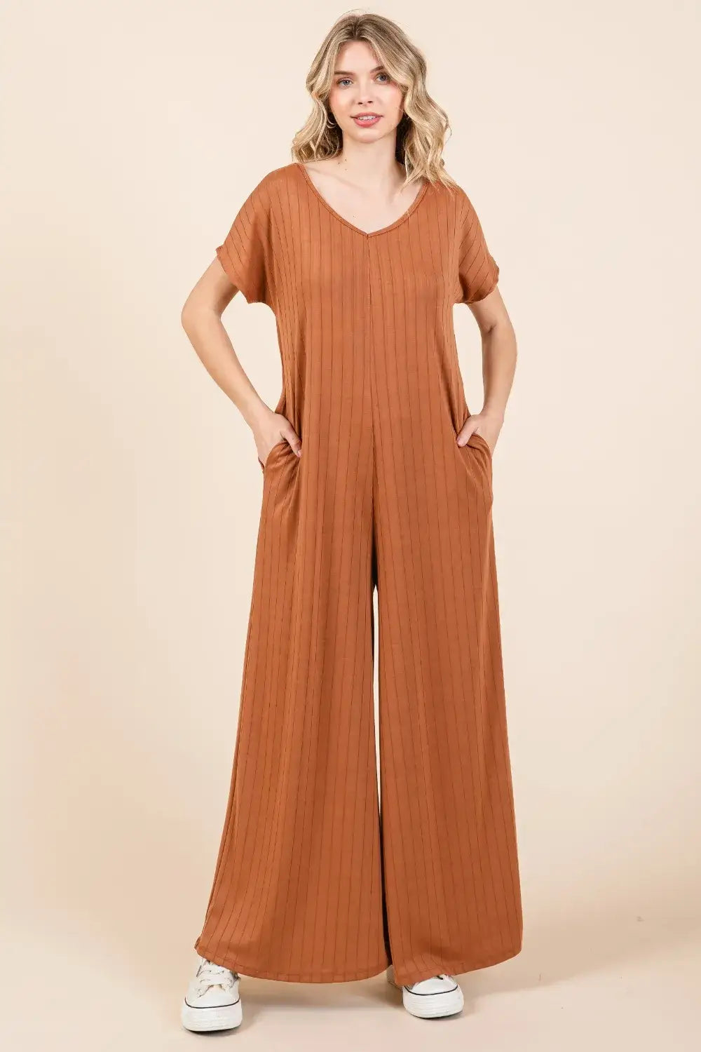 BOMBOM Ribbed Short Sleeve Wide Leg Jumpsuit - Camel / S