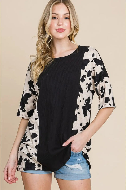 BOMBOM Rodeo Love Ribbed Animal Contrast Tee - Black / S